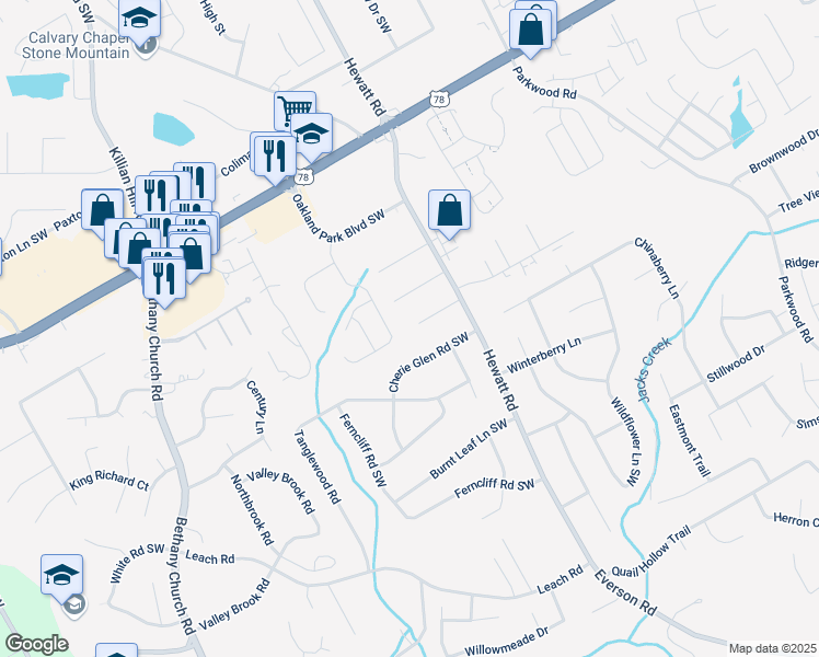 map of restaurants, bars, coffee shops, grocery stores, and more near 3814 Whaley Court Southwest in Snellville