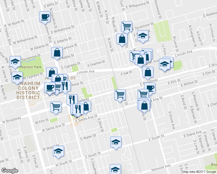 map of restaurants, bars, coffee shops, grocery stores, and more near 210 South Kroeger Street in Anaheim