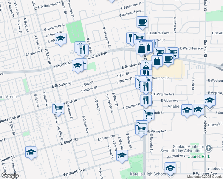 map of restaurants, bars, coffee shops, grocery stores, and more near 1623 East Santa Ana Street in Anaheim