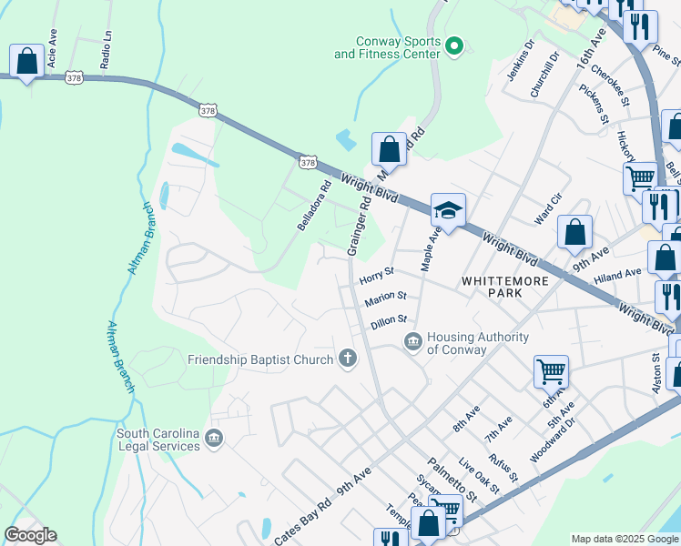 map of restaurants, bars, coffee shops, grocery stores, and more near 1508 Green Street in Conway