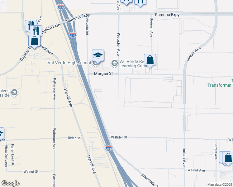map of restaurants, bars, coffee shops, grocery stores, and more near 3456 Webster Avenue in Perris