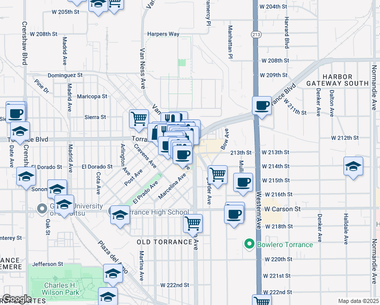 map of restaurants, bars, coffee shops, grocery stores, and more near 1261 Cabrillo Avenue in Torrance