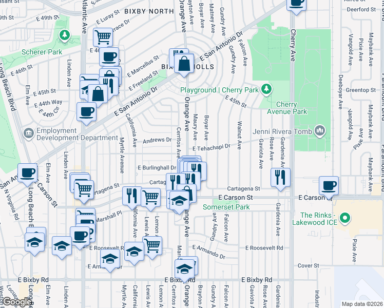 map of restaurants, bars, coffee shops, grocery stores, and more near 4247 Maury Avenue in Long Beach