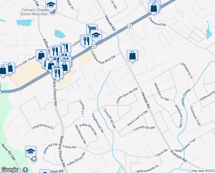 map of restaurants, bars, coffee shops, grocery stores, and more near 2219 Ligney Creek Lane in Snellville