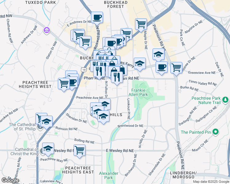 map of restaurants, bars, coffee shops, grocery stores, and more near 2962 Grandview Avenue Northeast in Atlanta