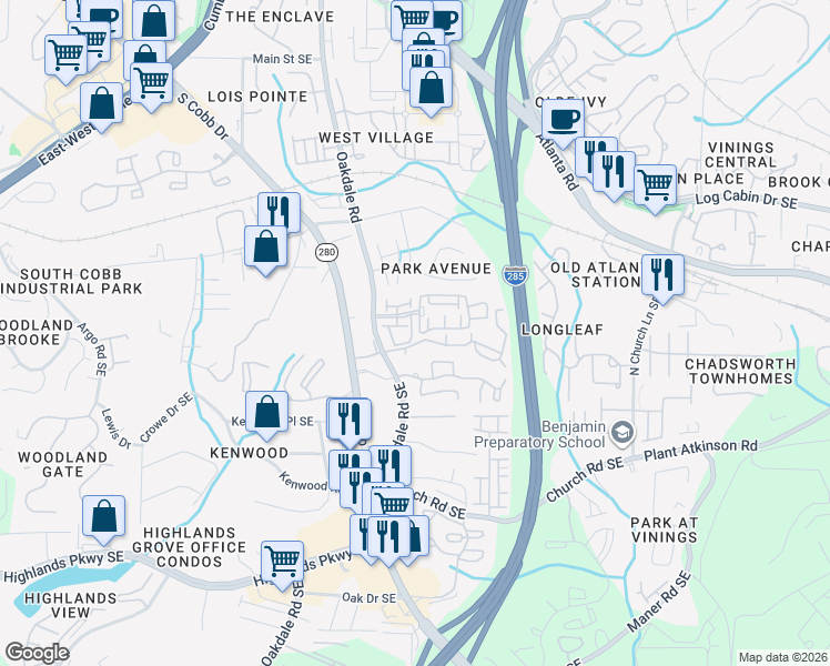 map of restaurants, bars, coffee shops, grocery stores, and more near 4811 Seldon Way Southeast in Smyrna