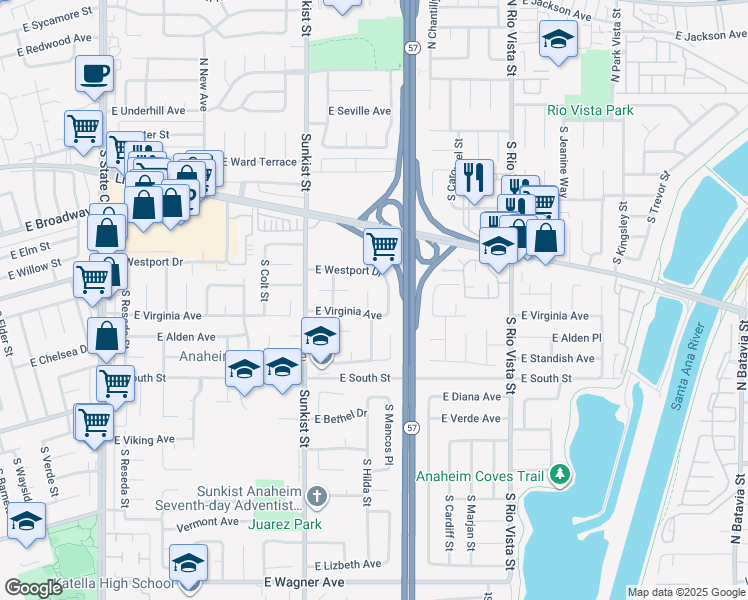 map of restaurants, bars, coffee shops, grocery stores, and more near 522 South Hilda Court in Anaheim