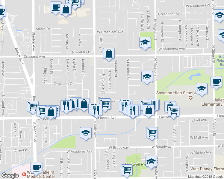 map of restaurants, bars, coffee shops, grocery stores, and more near 326 North Syracuse Street in Anaheim
