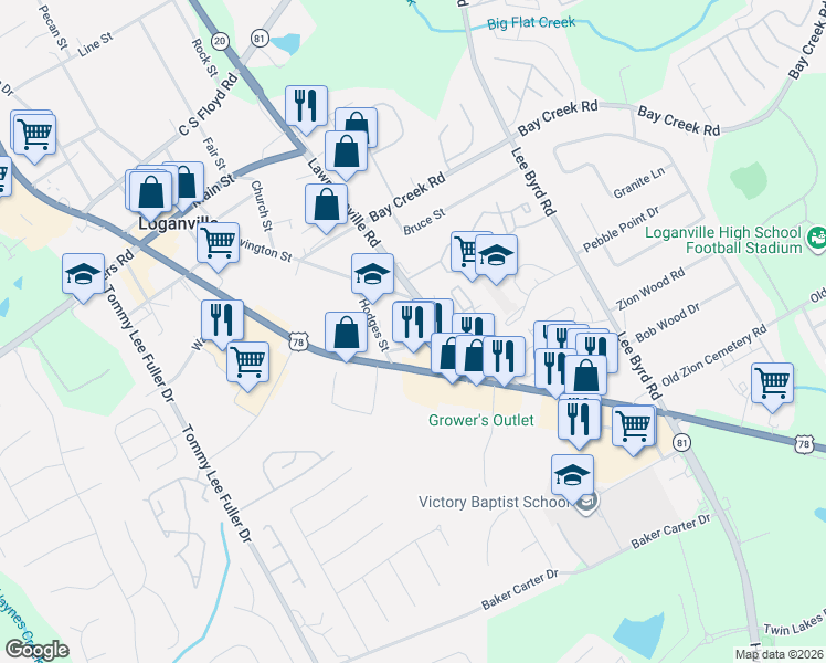 map of restaurants, bars, coffee shops, grocery stores, and more near 150 Clifford Street in Loganville