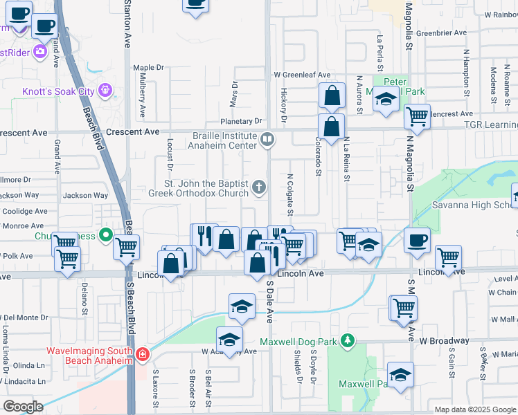 map of restaurants, bars, coffee shops, grocery stores, and more near 316 North Coolidge Avenue in Anaheim