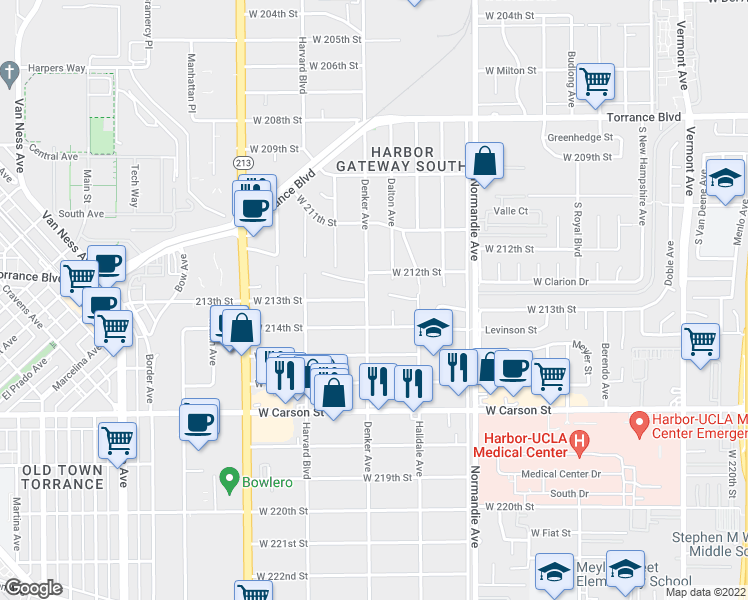 map of restaurants, bars, coffee shops, grocery stores, and more near 21230 Denker Avenue in Torrance