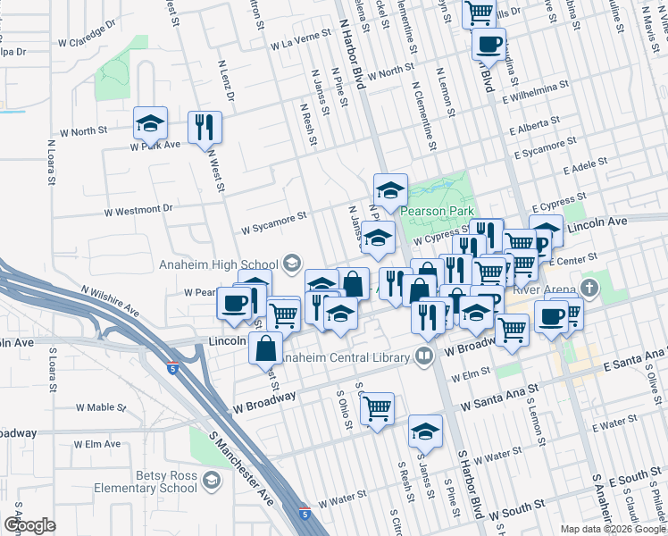 map of restaurants, bars, coffee shops, grocery stores, and more near 712 West Cypress Street in Anaheim