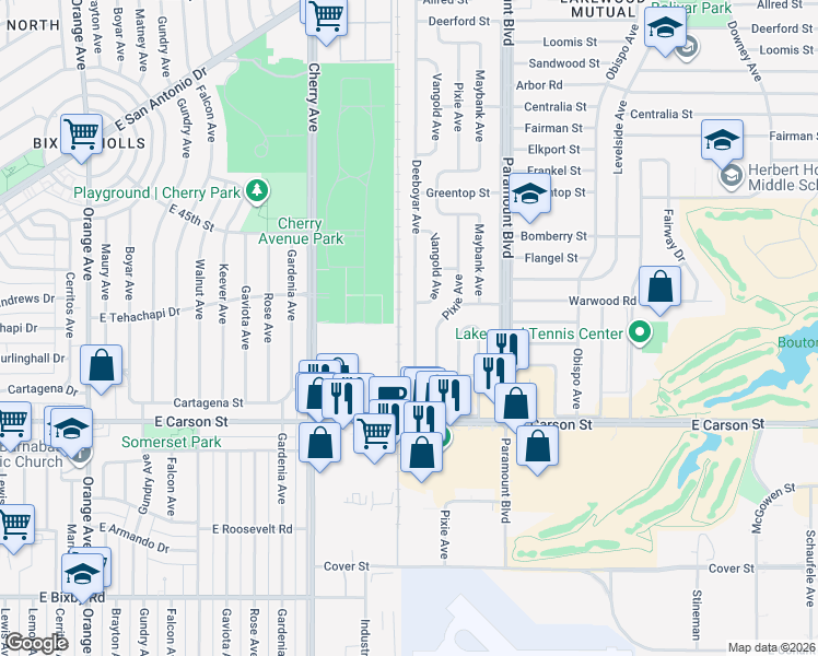 map of restaurants, bars, coffee shops, grocery stores, and more near 4253 Deeboyar Avenue in Lakewood