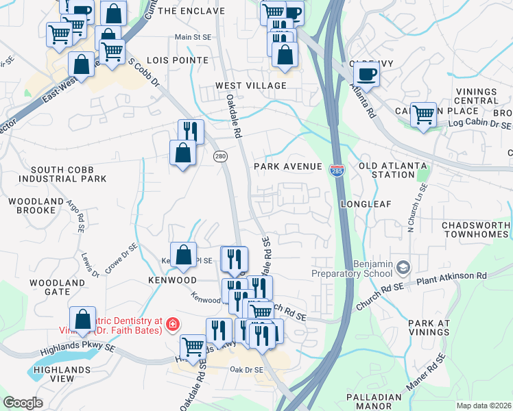map of restaurants, bars, coffee shops, grocery stores, and more near 4879 Seldon Way Southeast in Smyrna