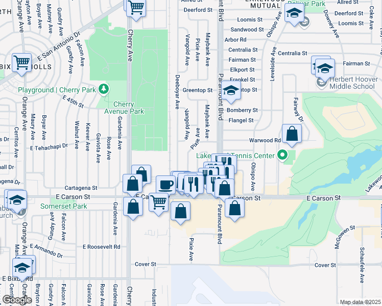 map of restaurants, bars, coffee shops, grocery stores, and more near 4256 Pixie Avenue in Lakewood