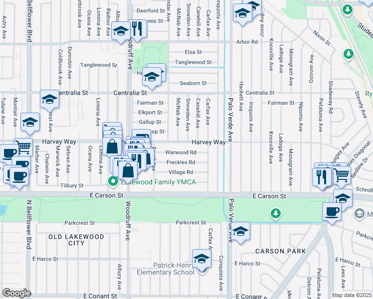 map of restaurants, bars, coffee shops, grocery stores, and more near 6137 Warwood Road in Lakewood