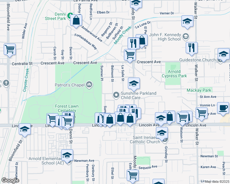 map of restaurants, bars, coffee shops, grocery stores, and more near 8732 Belmont Street in Cypress