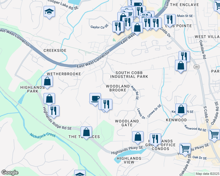 map of restaurants, bars, coffee shops, grocery stores, and more near 1582 Derry Brooke Walk Southeast in Smyrna