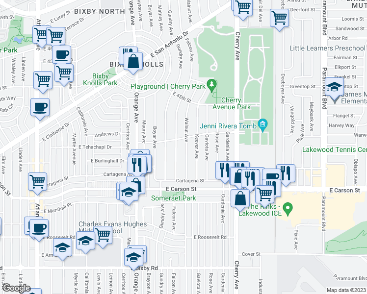 map of restaurants, bars, coffee shops, grocery stores, and more near 4231 Walnut Avenue in Long Beach