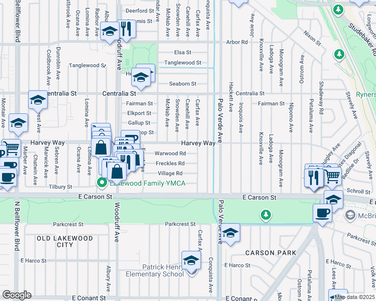 map of restaurants, bars, coffee shops, grocery stores, and more near 6223 Warwood Road in Lakewood