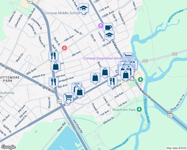 map of restaurants, bars, coffee shops, grocery stores, and more near 1314 5th Avenue in Conway