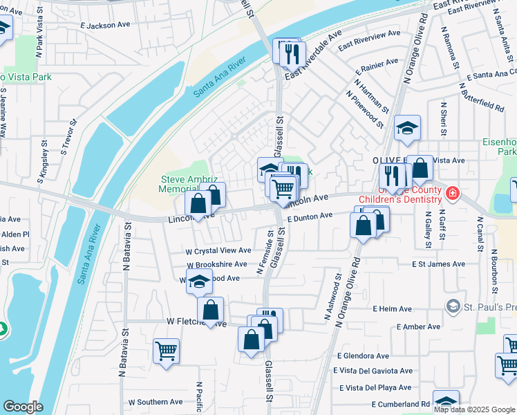 map of restaurants, bars, coffee shops, grocery stores, and more near 235 West Lincoln Avenue in Orange