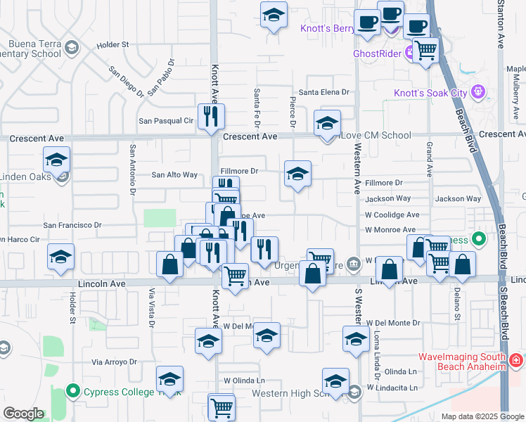 map of restaurants, bars, coffee shops, grocery stores, and more near 7185 Monroe Avenue in Buena Park