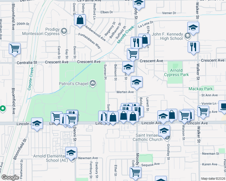 map of restaurants, bars, coffee shops, grocery stores, and more near 8732 Belmont Street in Cypress