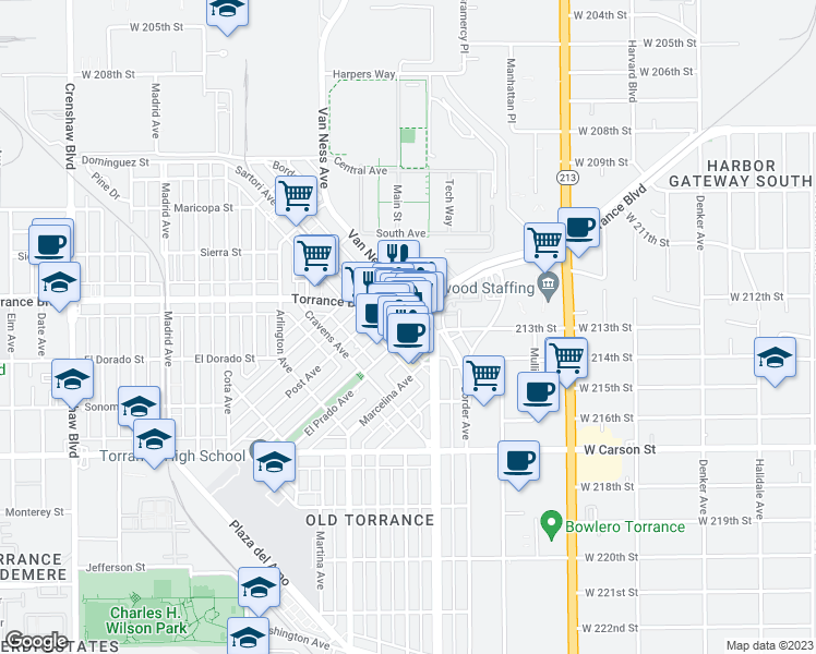 map of restaurants, bars, coffee shops, grocery stores, and more near 1215 El Prado Avenue in Torrance