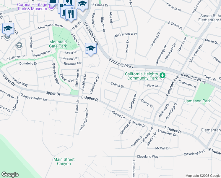 map of restaurants, bars, coffee shops, grocery stores, and more near 363 Appleby Street in Corona