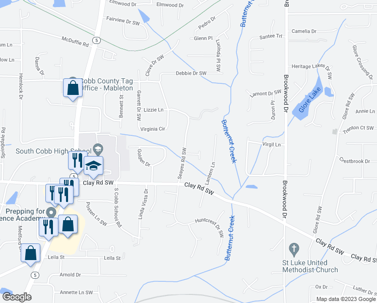 map of restaurants, bars, coffee shops, grocery stores, and more near 1640 Nesta Court Southwest in Mableton