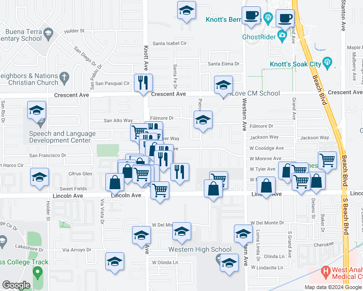 map of restaurants, bars, coffee shops, grocery stores, and more near 7185 Monroe Avenue in Buena Park