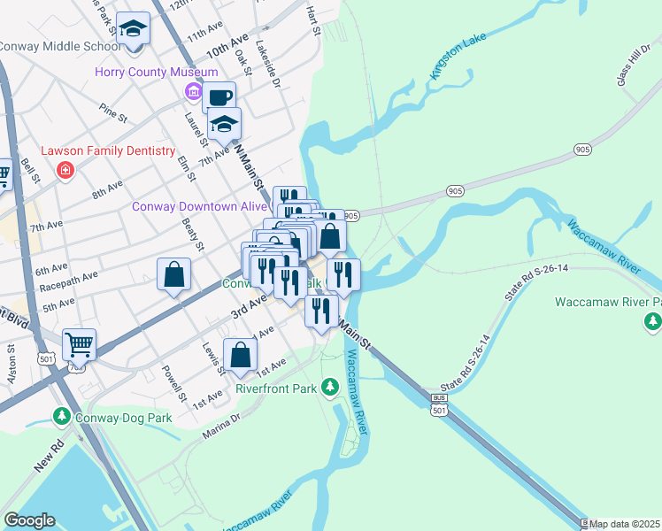 map of restaurants, bars, coffee shops, grocery stores, and more near 225 Kingston Street in Conway