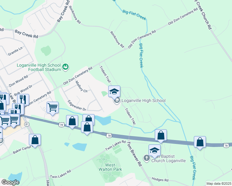 map of restaurants, bars, coffee shops, grocery stores, and more near 3239 Trident Trail in Loganville