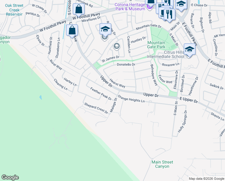 map of restaurants, bars, coffee shops, grocery stores, and more near 833 West Orange Height Lane in Corona