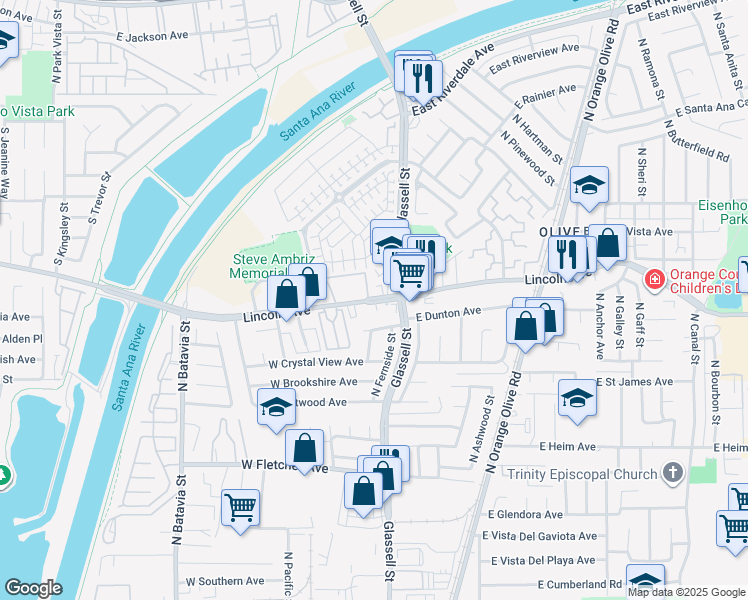 map of restaurants, bars, coffee shops, grocery stores, and more near 145 East Lincoln Avenue in Orange