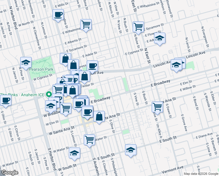 map of restaurants, bars, coffee shops, grocery stores, and more near 116 South Melrose Street in Anaheim