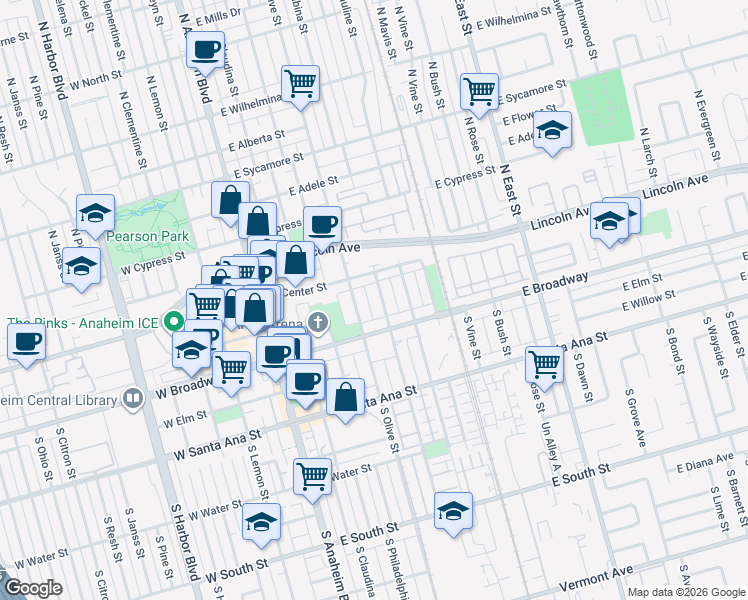 map of restaurants, bars, coffee shops, grocery stores, and more near 116 South Melrose Street in Anaheim