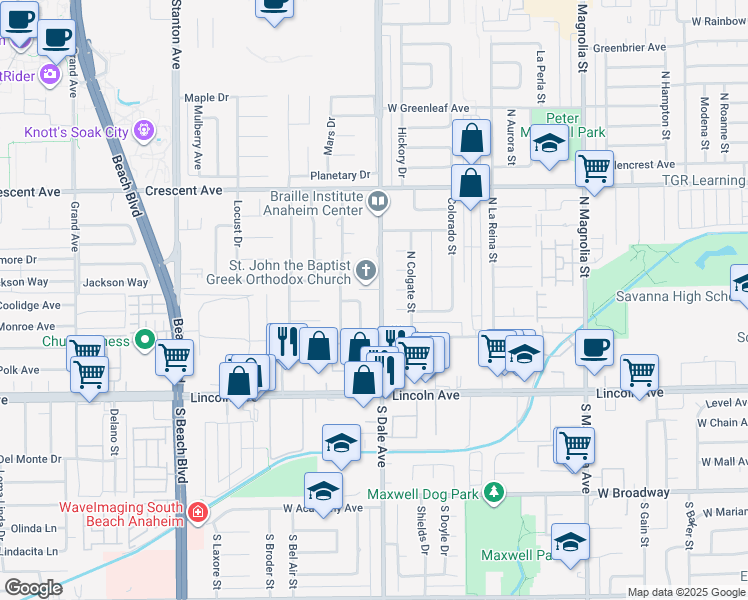 map of restaurants, bars, coffee shops, grocery stores, and more near 316 North Coolidge Avenue in Anaheim