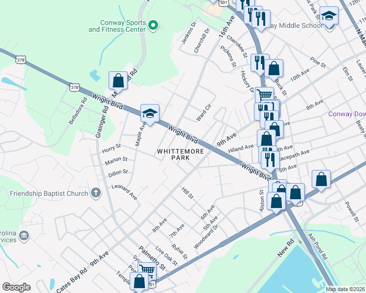 map of restaurants, bars, coffee shops, grocery stores, and more near 1008 Whittemore Street in Conway