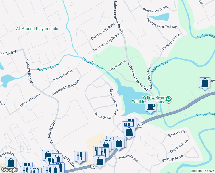 map of restaurants, bars, coffee shops, grocery stores, and more near 4722 Geneva Drive Southwest in Lilburn