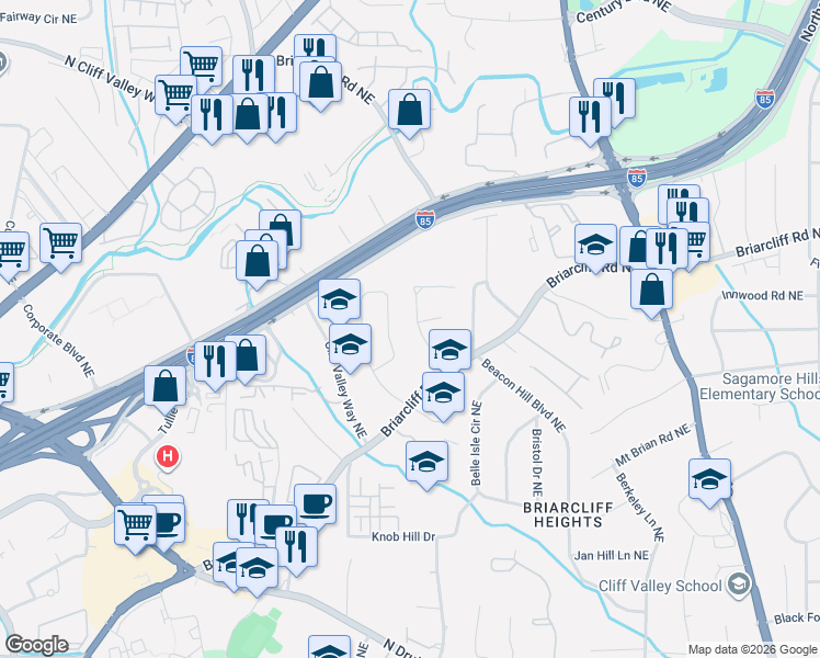 map of restaurants, bars, coffee shops, grocery stores, and more near 1812 Mount Royal Drive Northeast in Atlanta