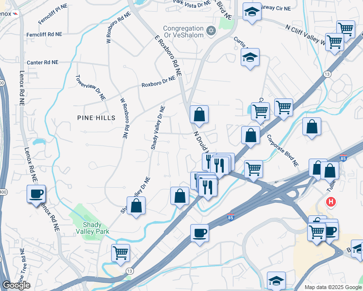 map of restaurants, bars, coffee shops, grocery stores, and more near 1829 Buckhead Valley Lane Northeast in Atlanta