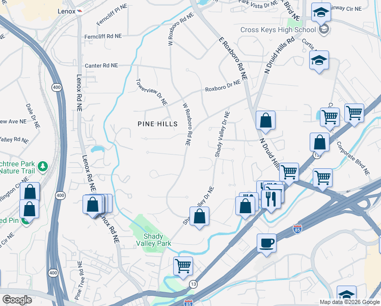 map of restaurants, bars, coffee shops, grocery stores, and more near 2960 West Roxboro Road Northeast in Atlanta