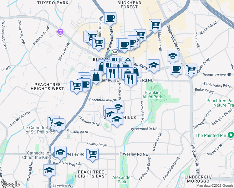 map of restaurants, bars, coffee shops, grocery stores, and more near 40 Peachtree Avenue Northeast in Atlanta