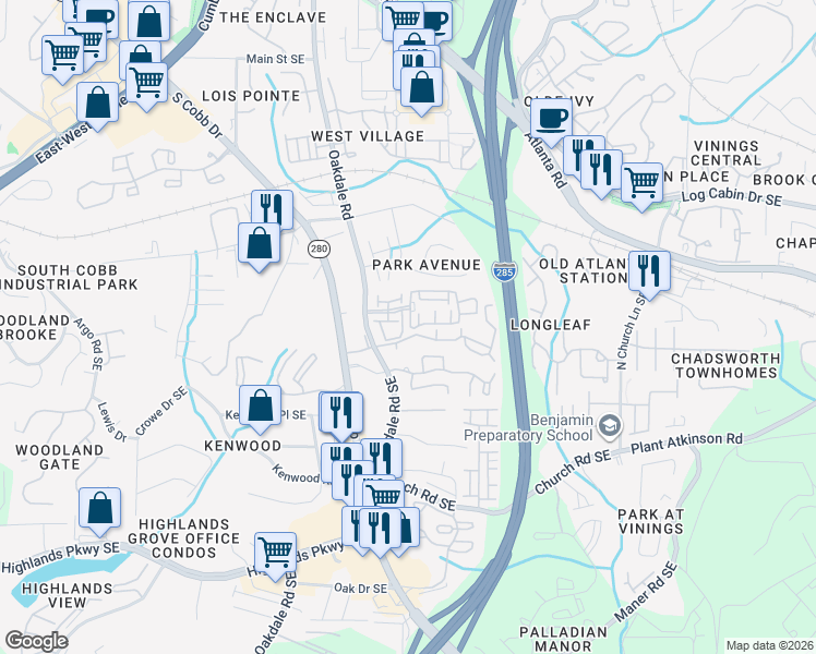 map of restaurants, bars, coffee shops, grocery stores, and more near 4811 Seldon Way Southeast in Smyrna