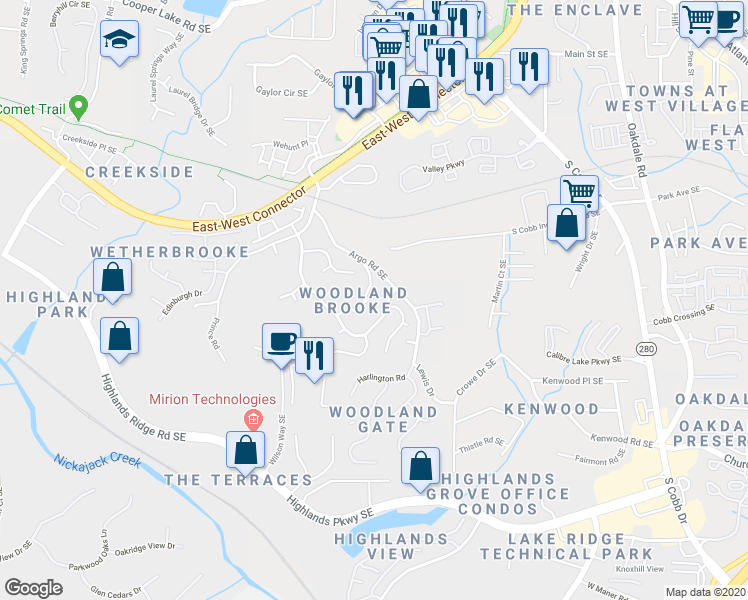 map of restaurants, bars, coffee shops, grocery stores, and more near 1689 Clay Brooke Lane Southeast in Smyrna