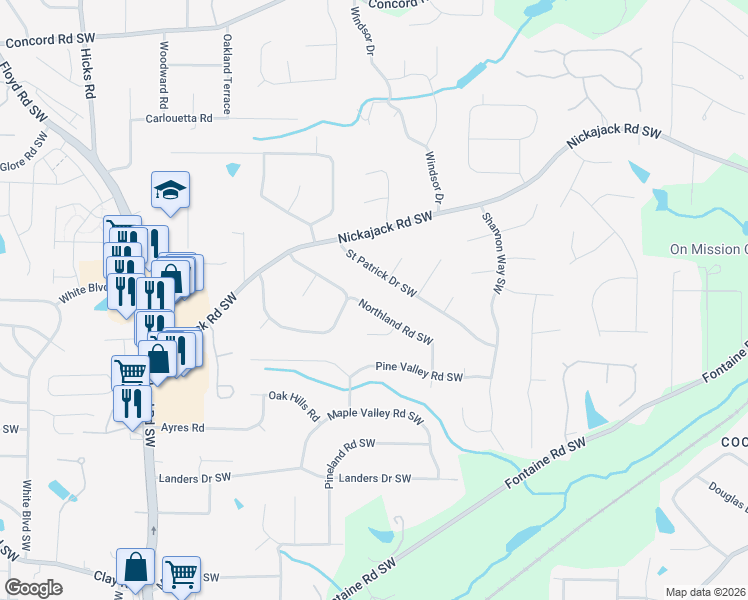 map of restaurants, bars, coffee shops, grocery stores, and more near 404 Northland Road Southwest in Mableton