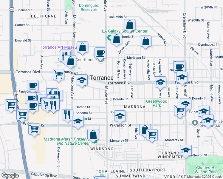 map of restaurants, bars, coffee shops, grocery stores, and more near 1215 Felbar Avenue in Torrance