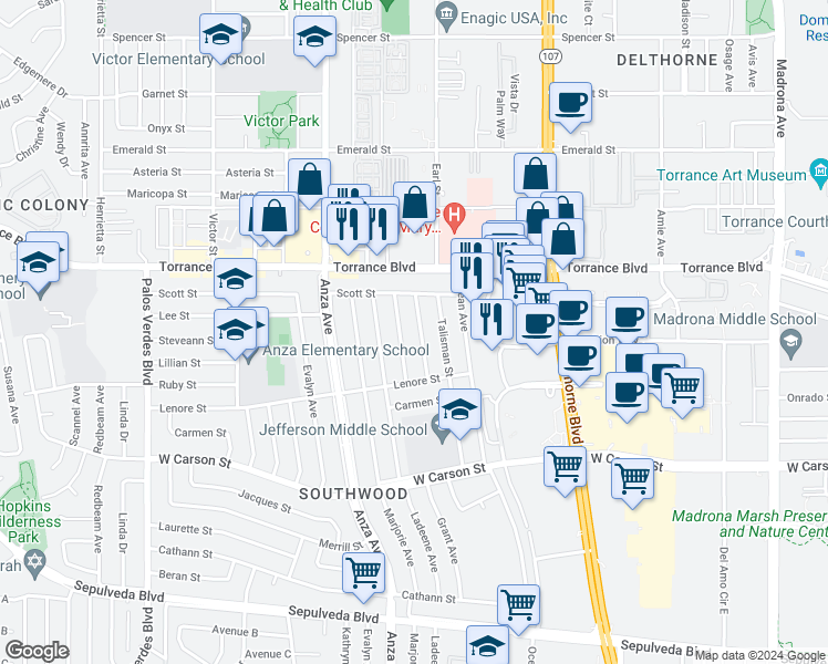 map of restaurants, bars, coffee shops, grocery stores, and more near 21309 Kent Avenue in Torrance